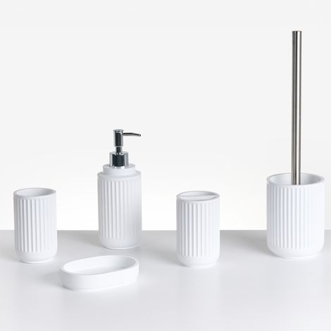 Conjunto de 5 accesorios de baño jabonera dispensador de jabón escobilla de inodoro vaso soporte para cepillos de dientes blanco Huarmey
