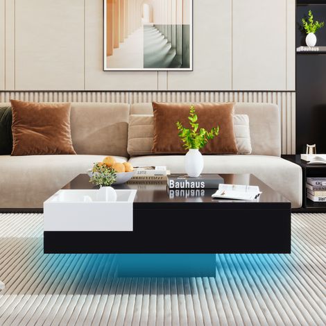 Table de salon laquée brillante noire et blanche, 72x72x30 cm, table d'appoint LED lumineuse avec coffret de rangement amovible