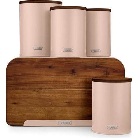 Tower T826140PCLY Scandi 5-Piece Acacia Wood Storage Set with Bread Bin, Cracker Barrel, Jars, Pink Clay
