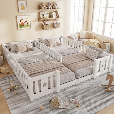 Lit double Montessori 2 couchages 180x200 cm au sol, barrières sécurité décor étoiles, pin blanc massif, sommier lattes inclus, pour enfants, sans matelas (1/5)