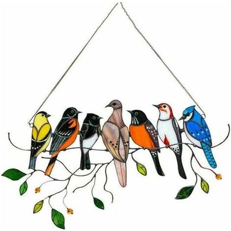 Bunte Vögel an einem Draht, hoher Glas-Sonnenfänger, Fensterhänger, 7 Vögel, besinnliche Ornamente für Fenster, Türen, Garten, Zuhause, Frühlingsdekorationen (1/5)