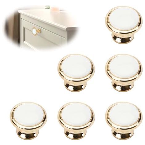 Poignee de Meuble, Poignee Meuble Dorée Bouton de Porte Blanc, Bouton Porte Placard avec Vis de Montage, Poignee de Porte Ronde Convient Convient Aux Tiroirs Armoires Armoires (1/4)