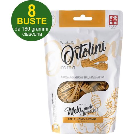 Ortolini Snack Brosses à dents pour chiens goût pomme, miel et fenouil Petit format 8 paquets de 180 g chacun (1/3)