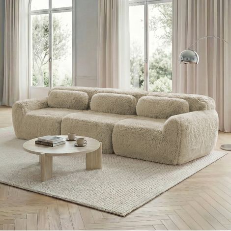 Sofá esquinero modular 180/200 cm en tejido de felpa, sin montaje, 3 paquetes, caqui claro (1/5)