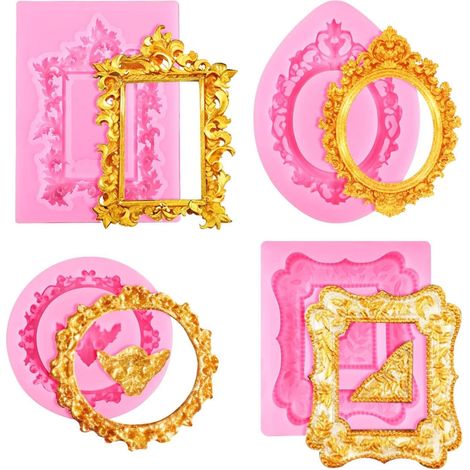 Ensemble de 4 moules en silicone de style baroque pour cadres photo, décorations de cupcakes, gâteaux, chocolats, bonbons, pâte polymère, pâte à modeler autodurcissante et gomme. (1/5)