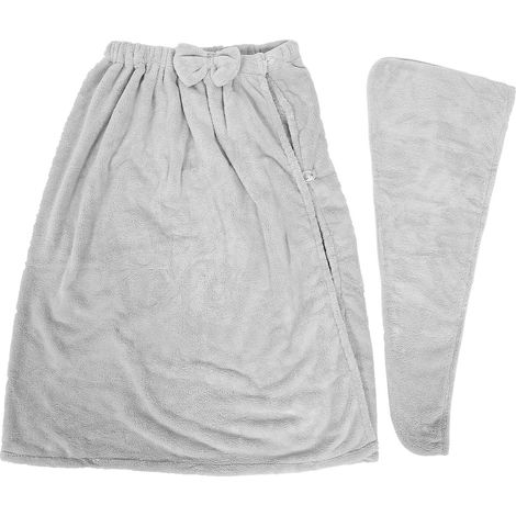 Serviette de bain en polaire corail, peignoir femme ajustable avec bonnet de douche intégré, idéal pour les salons de beauté à domicile, gris. (1/5)