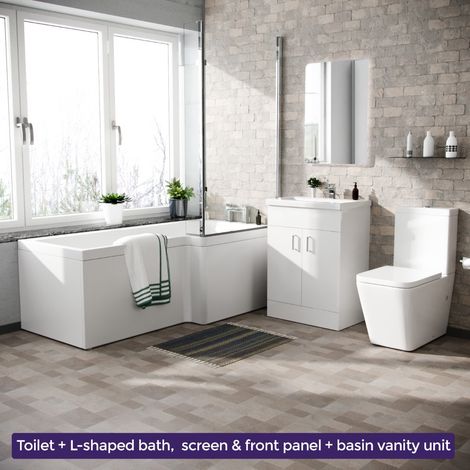 Cann L-Shaped Right Handed Bath Set, Close Coupled Toilet, 600mm Floor Standing Vanity Basin Unit White Suite (1/5)