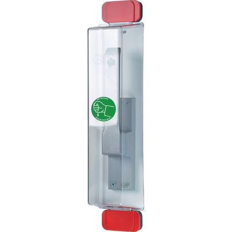 Cappuccio per porta di emergenza Tipo E con dispositivo di sicurezza per bloccaggio a leva, in plastica Macrolon trasparente