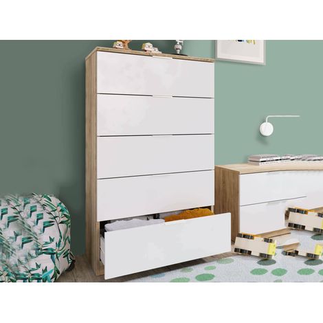 Dmora Cajonera con cinco cajones, color blanco, 60 x 110 x 40 cm, con embalaje reforzado (1/5)