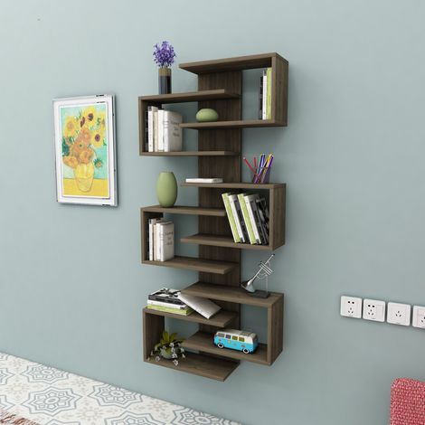 Librería Trenzano, Biblioteca 11 Estantes, Instalación en Pared, Color Nogal, 75x21x161h cm Marrón Nogal (1/5)