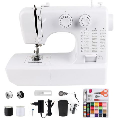 Mini Machine à Coudre Portable, Débutant Machine à Coudre Énfant, 45 Points, avec Kit Couture Accessoires, Double-Aiguille et Double Vitesse avec Lumière LED, Adaptée au Denim/Sheer/Tissus Maison (1/5)