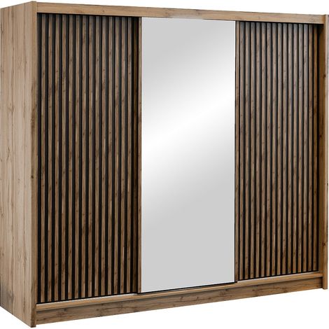 Armadio 3 ante scorrevoli Con specchio L250 cm Naturale e Nero - CALOWI