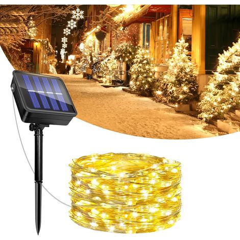 Lot de 2 Guirlande Lumineuse Exterieure Solaire, 5M 50 LED Guirlande Exterieur Fil de Cuivre, 8 Modes IP65 Etanches Lumière Solaire Décoration pour Jardin Terrasse Noël Fête (Blanc Chaud) (1/5)
