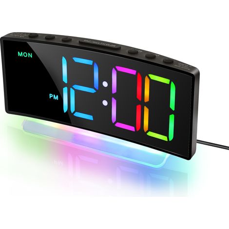 Digitaler Wecker mit 8 RGB-Farben-LED-Anzeige und 7-farbigem Nachtlicht, Digitaluhr mit zwei Alarmen, einstellbarer Helligkeitslautstärke, Schlummerfunktion, Nachttischwecker für Kinder, Schwarz
