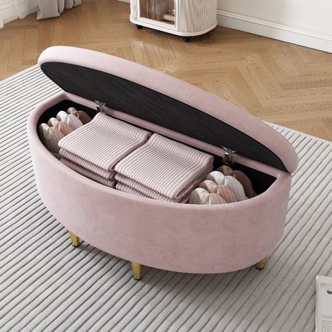 Polsterbank mit Stauraum und Metallbeinen, elegante Sitzbank aus rosa Samt, vielseitige Betttruhe und Aufbewahrungsbox für Schlafzimmer und Flur, 90x40x42 cm (1/5)