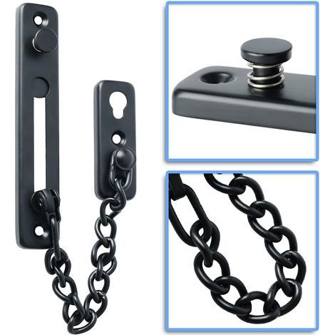 Chaîne de sécurité pour porte, butée de porte mince à ressort, verrou antivol avec vis pour porte intérieure, finition acier inoxydable noir mat- (1/5)