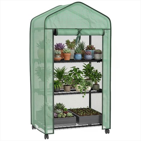 Serre de jardin 3 étagères sur roulettes avec porte enroulable PE (1/5)