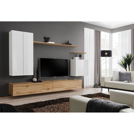 Ensemble mural - Switch XX - 1 vitrine LED - 1 banc TV - 1 étagère murale - Bois et blanc - Modèle 2 - Livraison gratuite