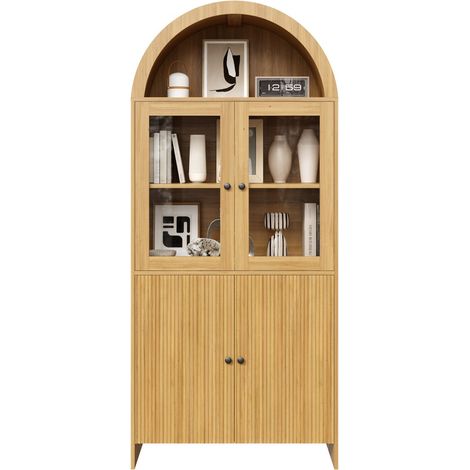 Vitrine buffet à plateau arqué, portes vitrées, rangement fermé à motif ondulé, meuble de salon 78×40×176 cm - naturel (1/5)