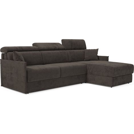 Miryam divano letto angolare compatto - poggiatesta reclinabili e penisola contenitore in tessuto smacchiabile T31 232 cm sinistro nero fumo