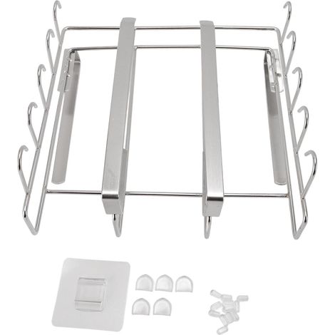 Hängeregal für unter den Küchenschrank, Aufbewahrungsgestell aus Edelstahl mit mehreren Haken für Schneidebretter, Tassen, Papierhandtücher, Küchenutensilien, Silber (1/5)