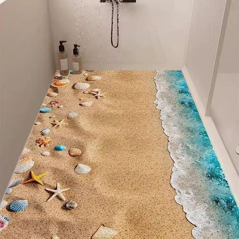 Tapis de Bain Antiderapant 80X120 cm Tapis de Douche Antidérapant à Motifs d'étoiles de mer et de Coquillages Luffa vec Trous de Drainage pour Salle de Bain Baignoire (1/5)