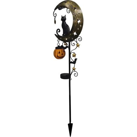 Lampe Halloween Chat et Lune, Piquet Jardin 80cm en Fer Forgé, Décoration Extérieure Résistante pour Allées et Pelouses (1/5)