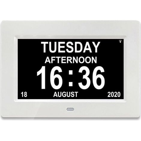 One Piece 7 Inch Digital Calendar Clock with Date and Time, Alzheimer's Clock for Parents, Medication Reminder for Grandparents and Kids - White (1/3)