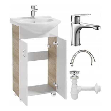 Mueble de baño con lavabo independiente, roble, 50x86 cm, Tim, con grifo cromado alargado. (1/5)
