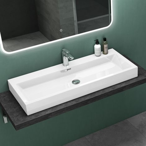 Mai & Mai Lavabo Suspendu Blanc Vasque à Poser 100cm Lave Mains Rectangulaire avec Tropl Plein Col06 100x42x10cm (1/5)