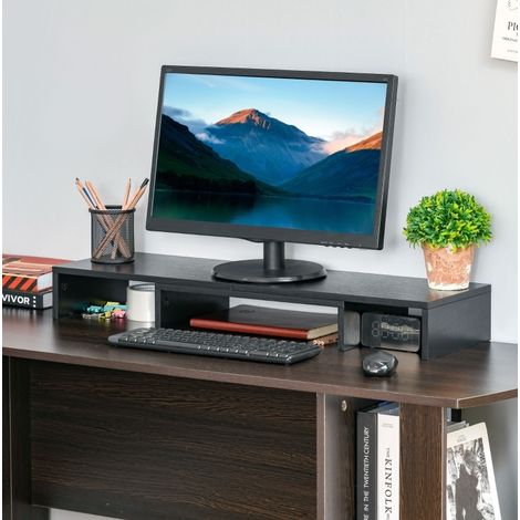 Support écran double réglable en longueur et en angle, pour deux moniteurs, ordinateur portable, imprimante et rangement, bois noir pour bureau – CHICFURN (1/5)