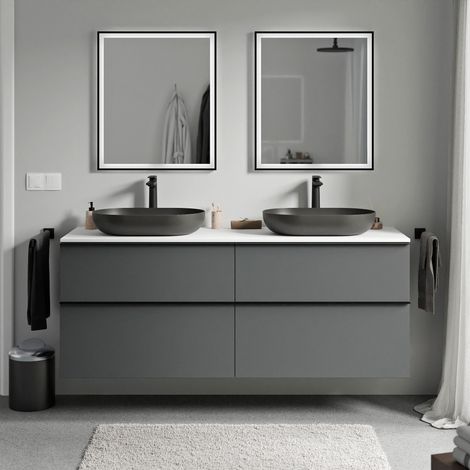 BERNSTEIN - Meuble sous vasque suspendu MDF Anthracite mat, plan vasque Blanc mat, poignée Anthracite mat - 160x46x62cm - LAVOA (1/5)