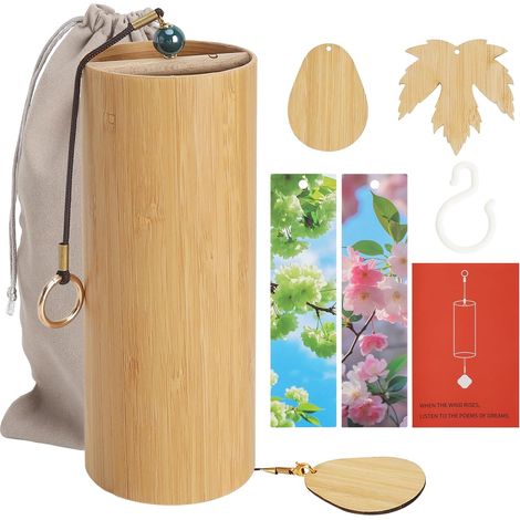 Carillon Japonais à D-Séquence en Bambou Carillon à Vent Fait Main pour Méditation et Relaxation avec Pendentifs en Bois, Sac de Rangement et Marque-Pages, pour Jardin (1/5)