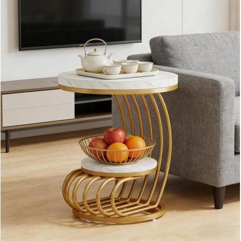 Mesa de centro redonda de 2 niveles, 50 x 50 x 63 cm, mármol blanco y metal dorado OKMYHOME (1/5)