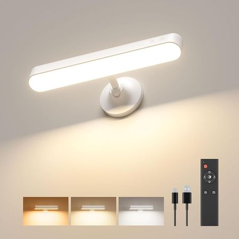 Applique murale LED avec batterie rechargeable de 7500 mAh pour chambre à coucher avec télécommande, 3 couleurs, rotation à 360°, luminosité à intensité variable avec 15 couleurs RVB, blanc (1/5)