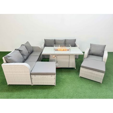 Fimous 9 Seater Poly Rattan Outdoor Garden Furniture Firepit Dining Table Sofa Set Patio 3 Seater Sofa Reclining Chair 3 Seater Sofa 2 Big Footstools Light Grey (1/4)