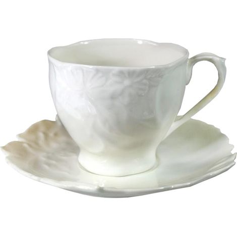 Tee- und Kaffeeservice: Weiße, verzierte Tasse mit Untertasse (1/3)