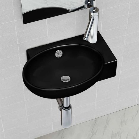 Vasque à trou de trop-plein/robinet céramique pour salle de bain Noir (1/5)