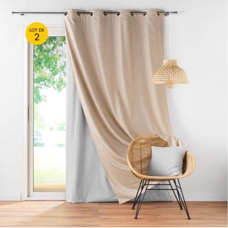 Douceur D'Intérieur – Lot de 2 rideaux occultants thermiques phoniques 140 x 260 cm – Doublure amovible – 100% polyester – Beige (1/5)