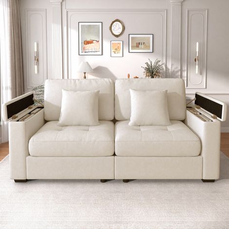 Divano 2 posti 180 cm beige in ciniglia con contenitore nei braccioli, tasche laterali e 2 cuscini (1/5)