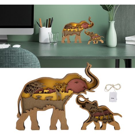 Statue Éléphant en Bois de Buis, Gravure Mécanique Multilayer avec Lumière, Décoration Éléphant Détaillée et Durable pour Bureau et Maison (1/5)