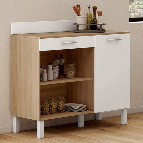 Aparador bajo de cocina 100 cm Encimera CINA H.83 cm 1 puerta + 1 cajón acabado haya y blanco