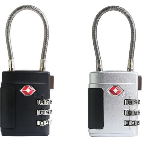 TSA Cadenas à combinaison Lot de 2 avec câble, pour valise, sac à dos, casier, Noir+Argent