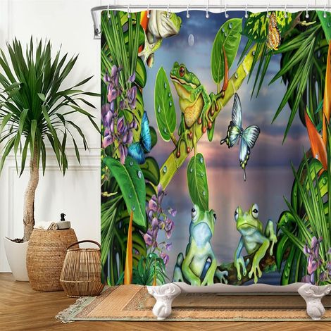 122x183cm Grenouille Rideau de Douche Papillon Mignon Drôle Animal Vert Plante Feuilles Fleur Été Forêt Naturel Paysage Rideau de Baignoire pour Enfants Salle Bains Polyester avec Crochets (1/5)