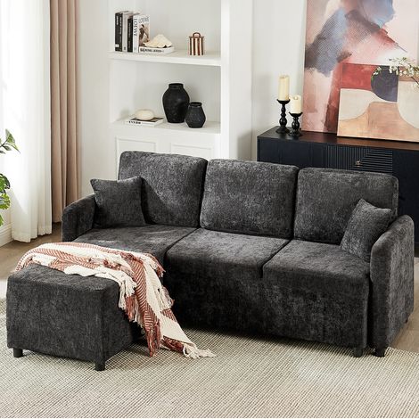 Sofá de esquina 187,5x144x85,5 cm de chenilla negro, 3 plazas, ahorro de espacio - MEUBLIV (1/5)