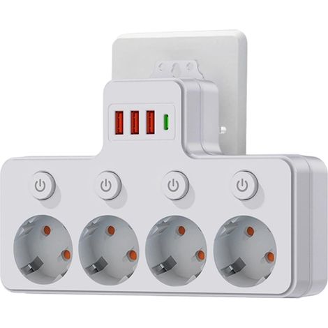 Multipresa a muro con 4 prese e interruttore, 3 porte USB-A + 1 porta USB-C per casa, ufficio e dormitorio. (1/5)