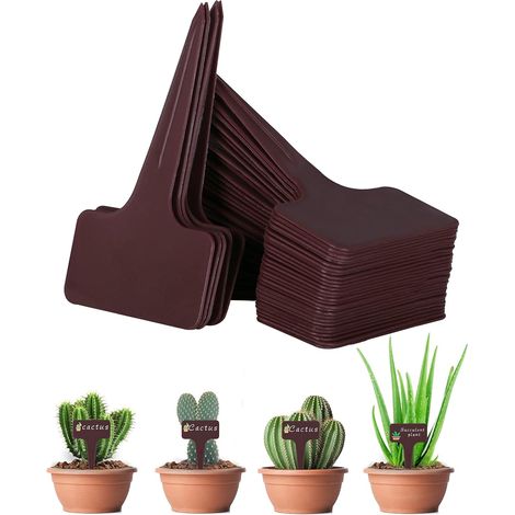 Lot de 100 mini panneaux de plantes, piquets de plantes en plastique en forme de T, panneaux de plantes marron pour l'étiquetage, étiquettes de plantes de jardin réutilisables et résistantes aux intem (1/5)