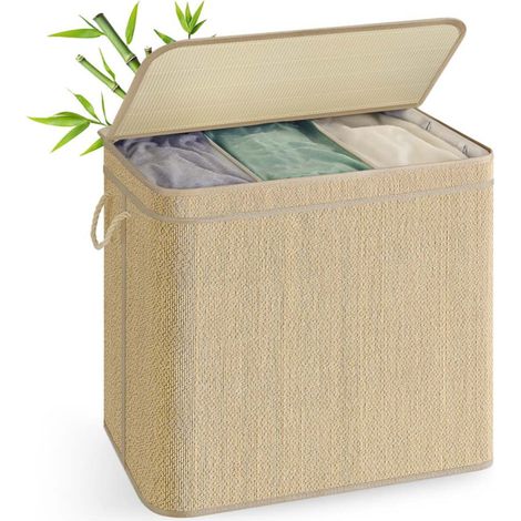 Cesto de ropa sucia de bambú 90 litros bolsa extraíble y lavable a máquina tapa asas lavadero dormitorio salón beige 120006717