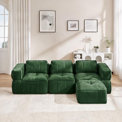 Canapé d'angle modulable en tissu vert 3 places avec pouf (1/5)