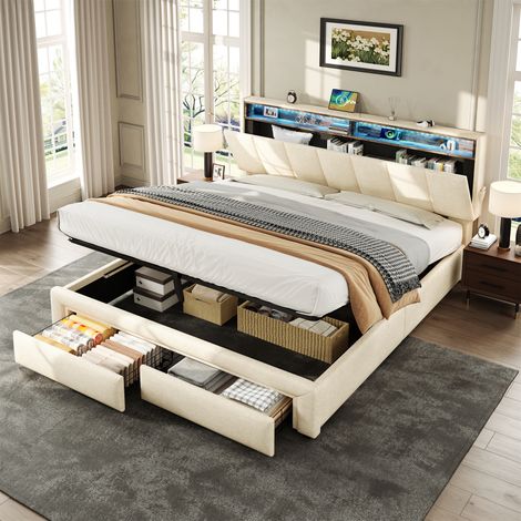 5ft King Upholstered Storage Bed with LED Headboard & Charging Station - Hydraulic Lift Drawers, Adjustable Headboard, Concealed Storage, Beige Linen Fabric (No Mattress Needed) (1/5)